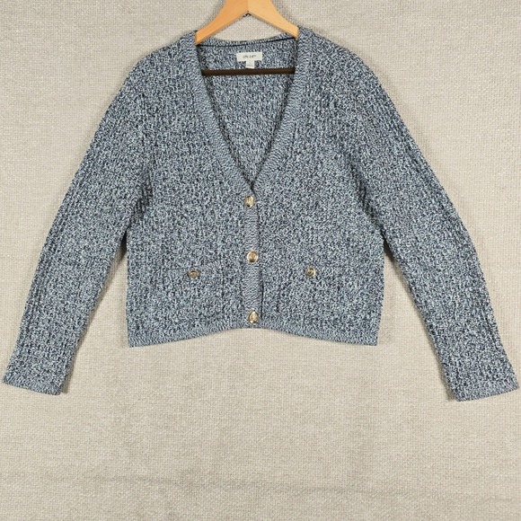 ON 34th Sweaters - ON‎ 34TH Womens Blue White Marled Cotton Knit Cardigan Gold Crest Buttons Large